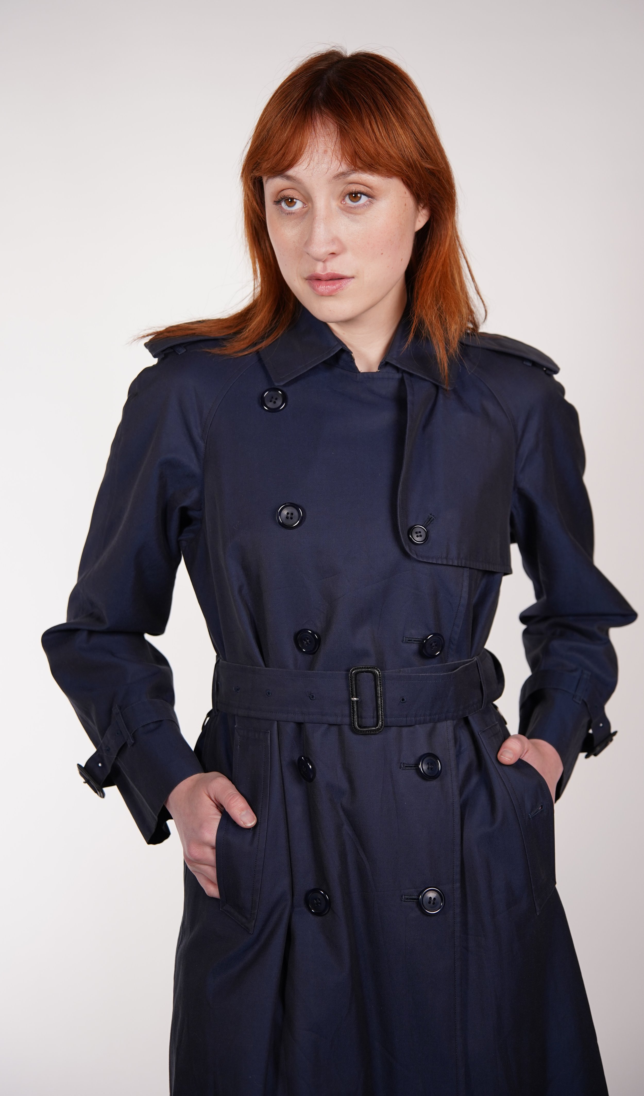 90s BURBERRY trench coat navy イギリス製 Burberry Navy Woman Trench Coat — Check It Vintage